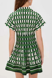 Nash Geometric Tile Print Wide Sleeve Button Up Pocketed Mini Dress