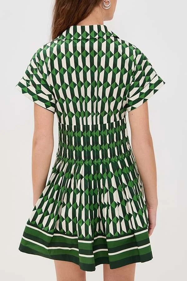 Nash Geometric Tile Print Wide Sleeve Button Up Pocketed Mini Dress