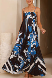 Botanical Print Square Neck Suspender Casual Full Hem Maxi Dress
