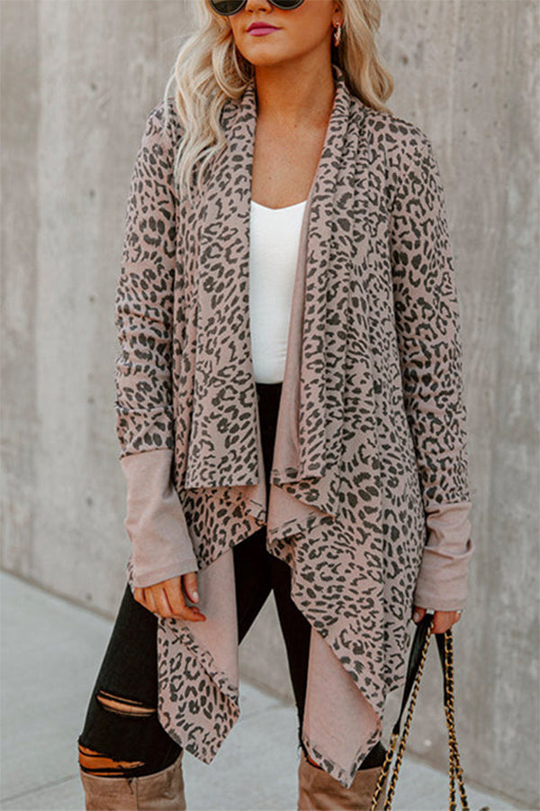 Drape Open Front Irregular Leopard Cardigan