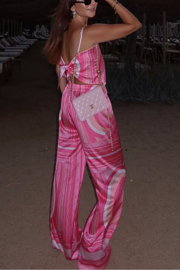 Caroline Satin Unique Print Scarf Tank and Elastic Waist Wide Leg Pants Set
