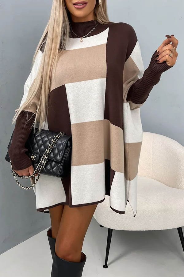 Hughes Color Block Plaid Mock Neck Cape Loose Sweater