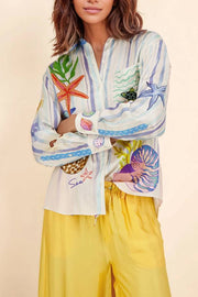 Dream Ocean Satin Unique Print Button Down Pocket Oversized Blouse