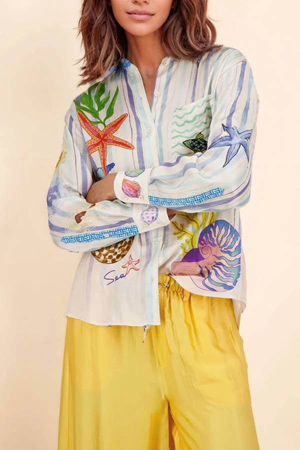 Dream Ocean Satin Unique Print Button Down Pocket Oversized Blouse