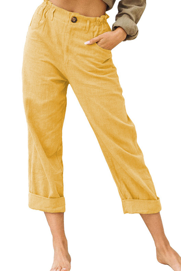 Solid color cotton and linen fashionable loose high waist casual pants