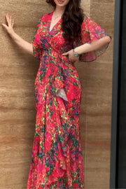 Retro V-neck trumpet sleeve printed dress