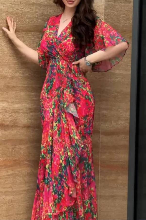 Retro V-neck trumpet sleeve printed dress