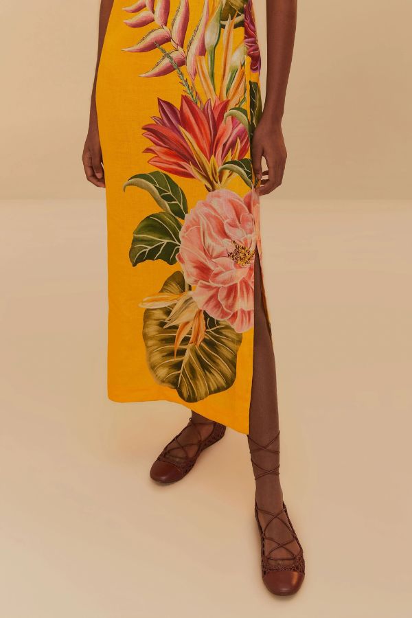 Plant Print V-neck Open Back Holiday Style Slit Midi Dress
