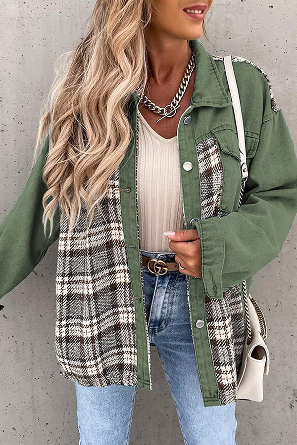 Denim Jacket Long Sleeve Check Button Down Shirt Jacket Top