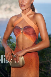 Like Sunset Mesh Gradient Metal Detail Cutout Halter Stretch Maxi Dress