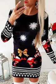 Christmas Mixed Print Long Sleeve Dress