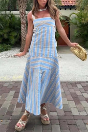 Talette Stripe Print Embroidered Wide Straps Back Cutout Maxi Dress