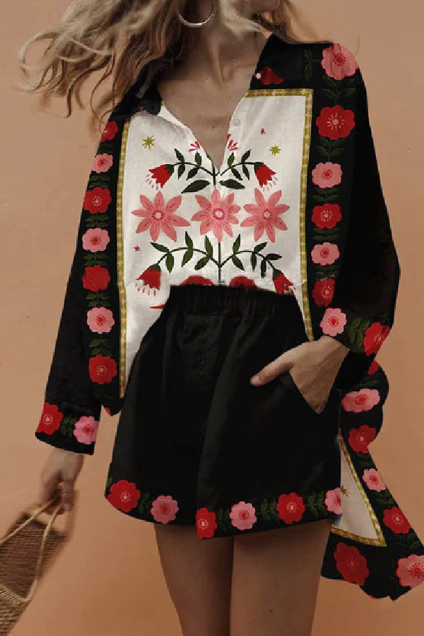 Digital Printing Fashion Women's Loose Printing Long Sleeve Shirt + Shorts Set