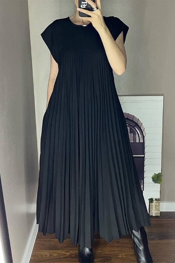 Women Pleated Simple Solid Color Dress