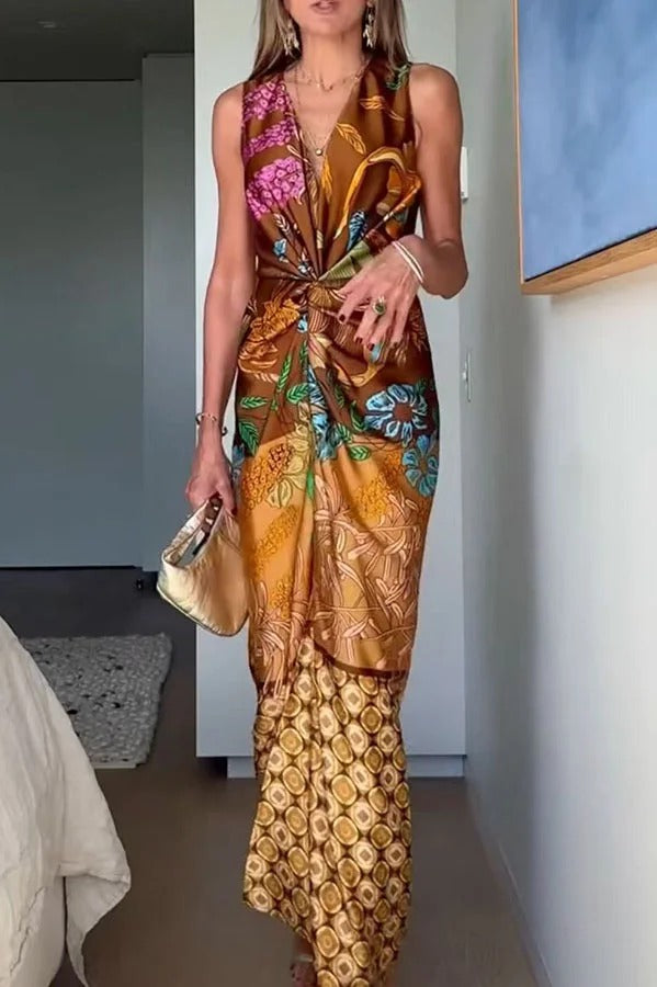 Naturally Inspired Satin Unique Floral Print Twist Waist Slit Drape Maxi Dress