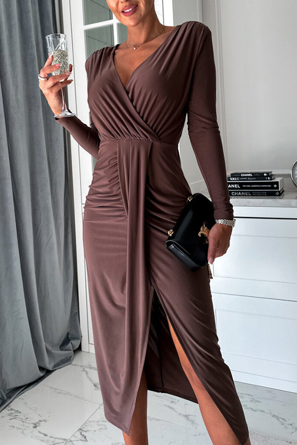 Miaoih Slim Fit V Neck Pleated Long Sleeve Midi Dress