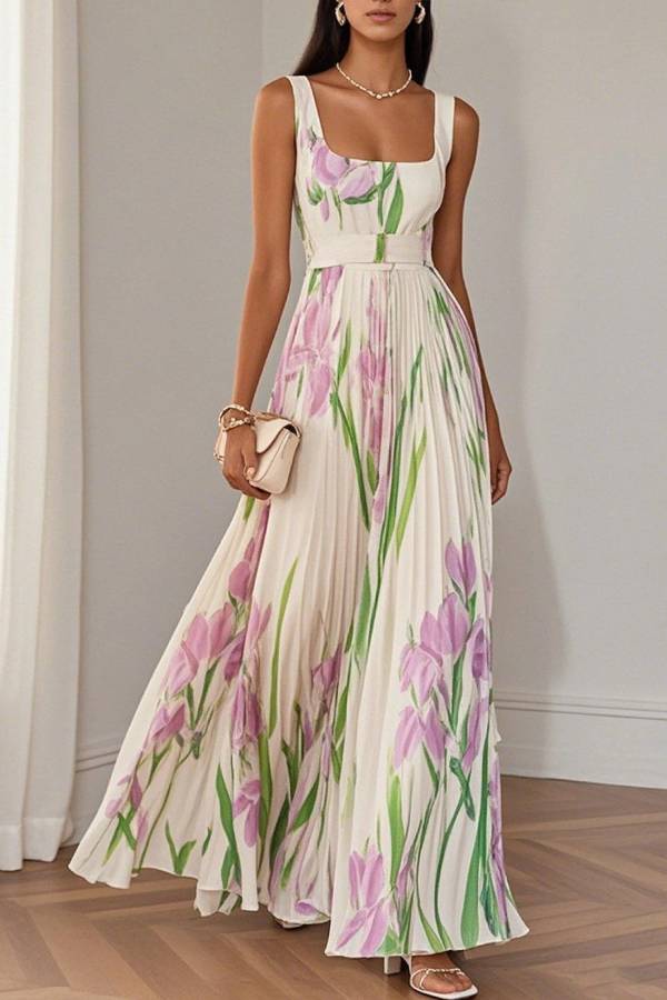 White Pleated Floral Chiffon Square Neck Sleeveless A-Line Maxi Dress