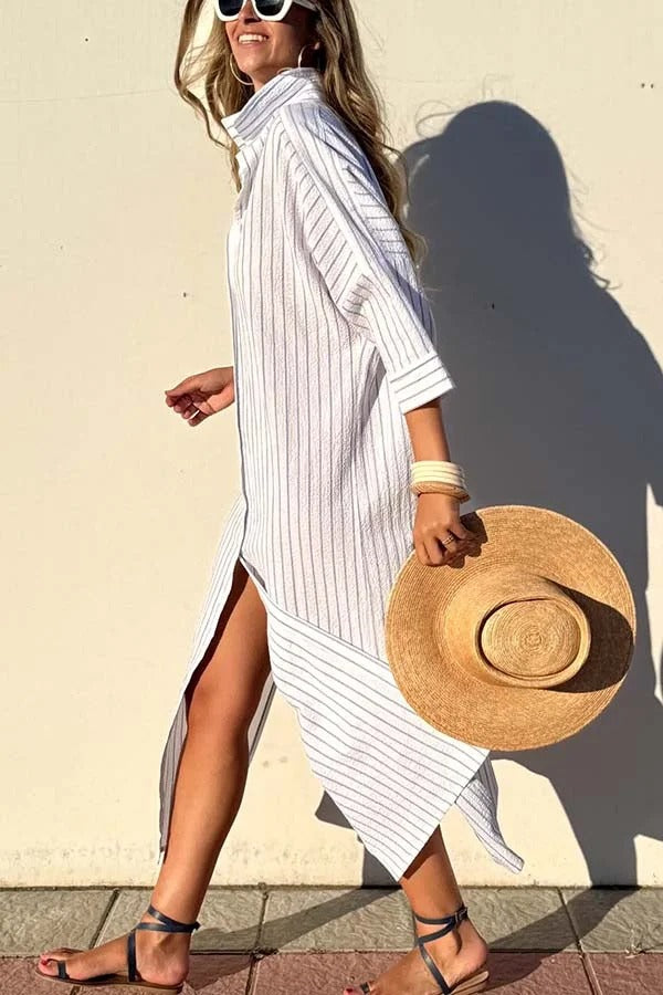 All-match Striped Button Up Half Sleeve Belted Pocket Shirt Midi Dress
