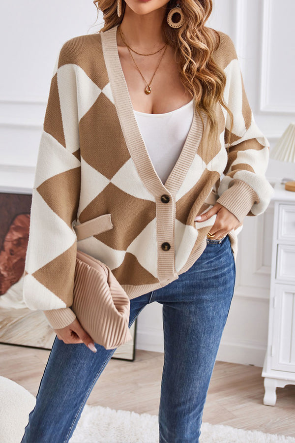 V-neck geometric patchwork contrasting knitted cardigan casual loose jacket