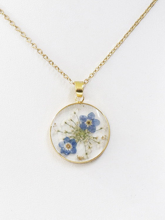 Real Dried Forget-Me-Not Flower Pendant Necklace