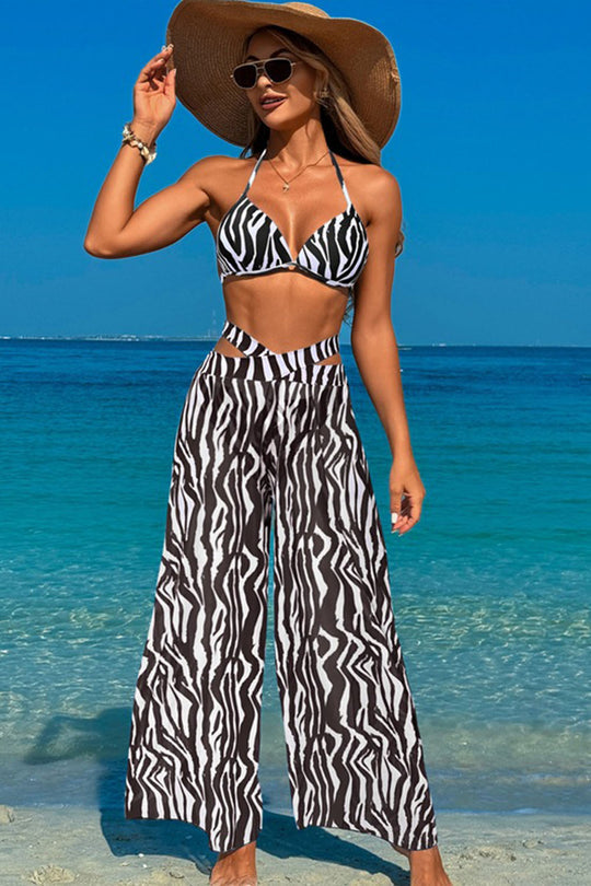 Leopard print suspender swimsuit three-piece swimsuit