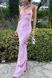 Sunny Horizon Unique Print V-neck Slit Slip Maxi Dress