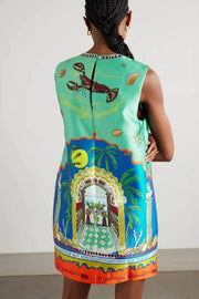 Round Neck Graffiti Satin Miniskirt Dress