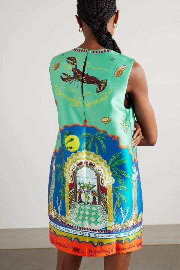 Round Neck Graffiti Satin Miniskirt Dress