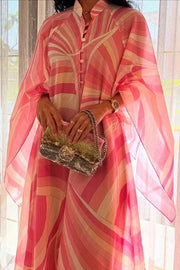 Jodie Chiffon Unique Print Stand Neck Buttons Butterfly Sleeves Kaftan Maxi Dress
