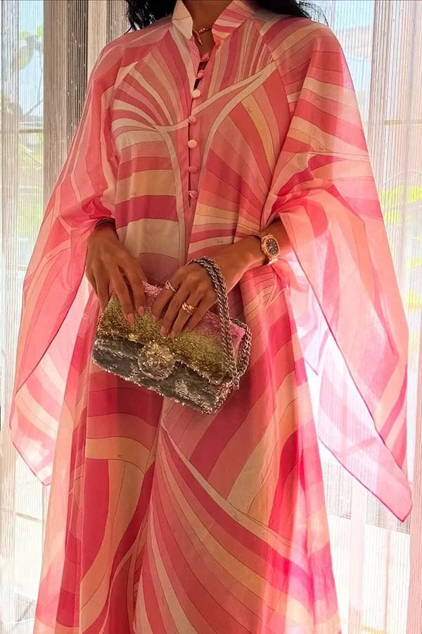 Jodie Chiffon Unique Print Stand Neck Buttons Butterfly Sleeves Kaftan Maxi Dress