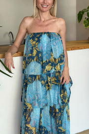 Cecily Contrast Floral Print Tiered Ruffles Strapless Maxi Dress