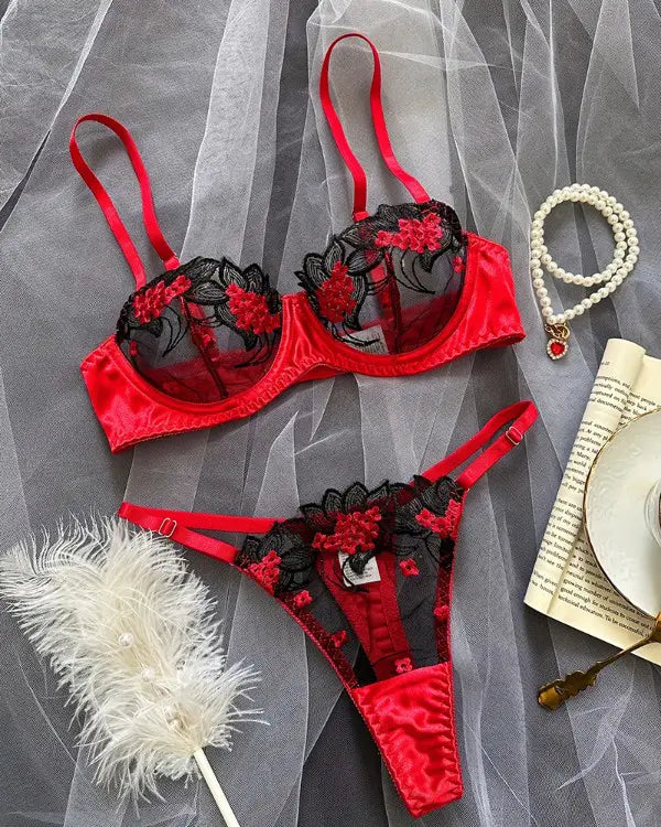 Floral Embroidery Mesh Patch Lingerie Set