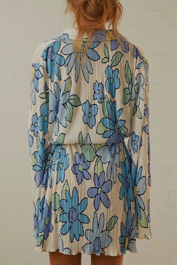 Floral print lace-up lapel cardigan long-sleeve dress