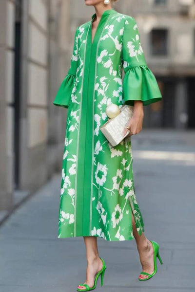 Bell Sleeve Loose Floral Print Side Slit Maxi Dress