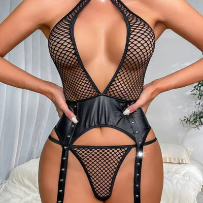 Cutout Backless Fishnet Design Lingerie Set