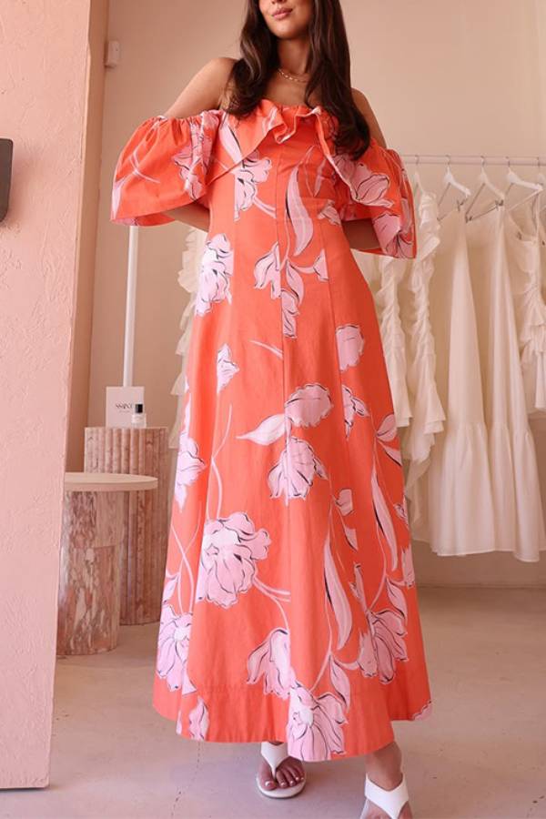 Off-Shoulder Ruffle Trim Puff Sleeve Floral Print Waist-Cinched Maxi Dress