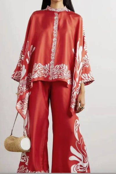 Fine Satin Floral Print Batwing Sleeve Pants Set - Red