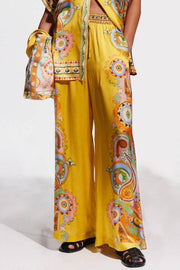 Exquisite Satin Unique Cashew Flower Print Loose Wide-Leg Pants