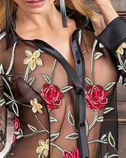 Floral Embroidery Sheer Mesh Babydoll