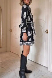 Black and white printed shirt dress with lantern sleeves