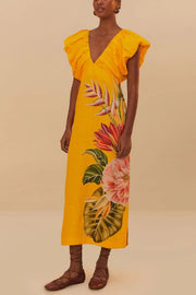 Plant Print V-neck Open Back Holiday Style Slit Midi Dress