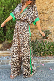 Leopard Print Color Block Short Sleeve Loose Shirt and Elastic Waist Pocket Pants Set