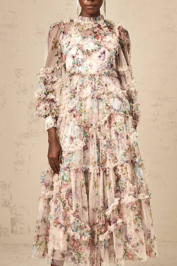 Candice floral ruffled tulle midi dress