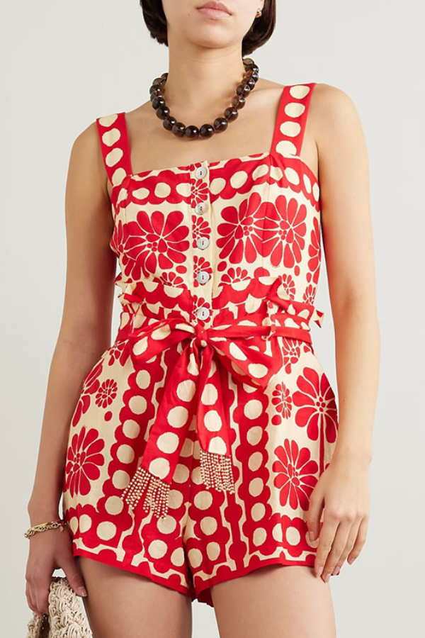 Printed Tie-Waist Sleeveless Suspender Jumpsuit