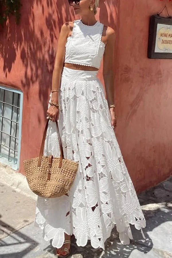 Next Trip Floral Embroidery Crochet Lace Elastic Waist Pocket Maxi Skirt