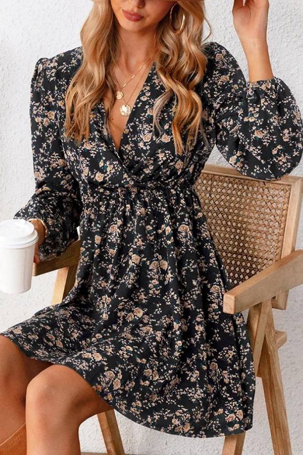 V-neck floral print fitted waist long-sleeved dress