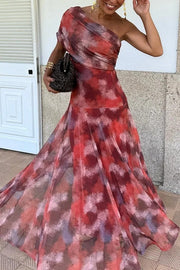 Unique Printed Off-the-shoulder Waisted Holiday Maxi Dress