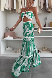 Cassie Ric Rac Trims Unique Print Halter Ring Tank and High Rise Wide Leg Pants Set