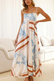 Botanical Print Square Neck Suspender Casual Full Hem Maxi Dress