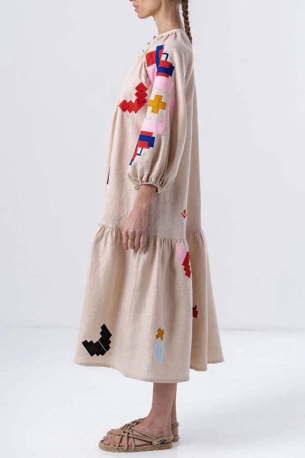 Linen Geometric Applique Lantern Sleeve Vacation Dress
